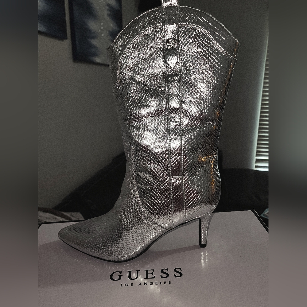Silver Heeled Boots with Stiletto Heel and Textured Finish